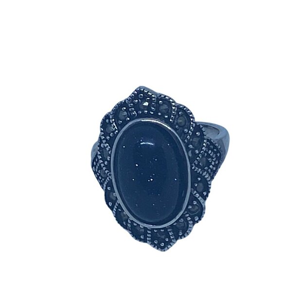 Marcasite Oval Dark Blue Stone Ring Tibetan‎ Sliver Base 10x16mm Size 8 - Picture 2 of 5